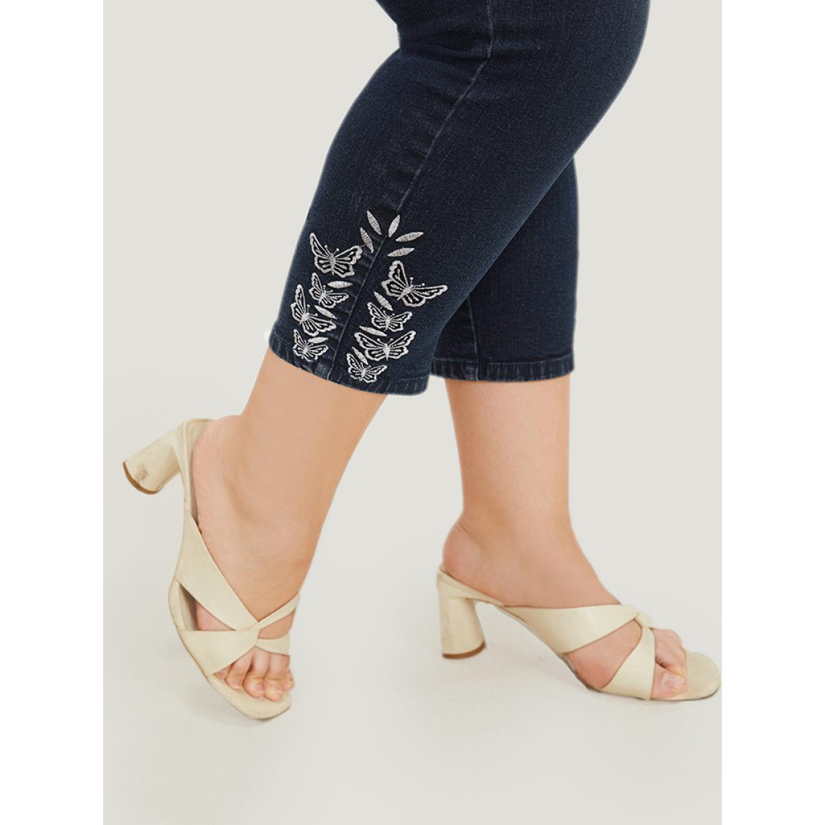 Plus Size Very Stretchy High Rise Dark Wash Butterfly Embroidered Jeans Women DarkBlue Casual Plain Embroidered High stretch Pocket Jeans BloomChic 26/4X Product Image