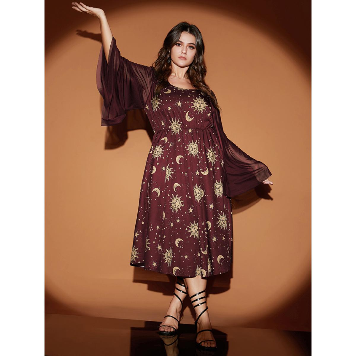 Plus Size Halloween Moon And Star Bell Sleeve Pocket Crew Neck Midi Dress Burgundy Women Elegant Patchwork Round Neck Long Sleeve Curvy Midi Dress BloomChic 28/5X Product Image