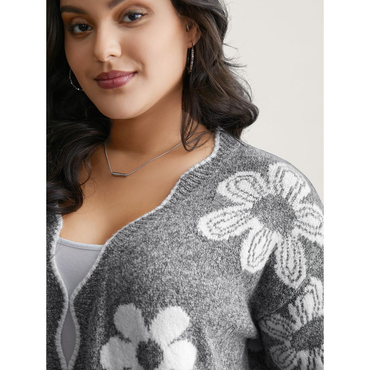 Plus Size Floral Pattern Open-Front Knitted Cardigan DarkGray Women Playful Loose Long Sleeve Casual Cardigans BloomChic 10/M Product Image