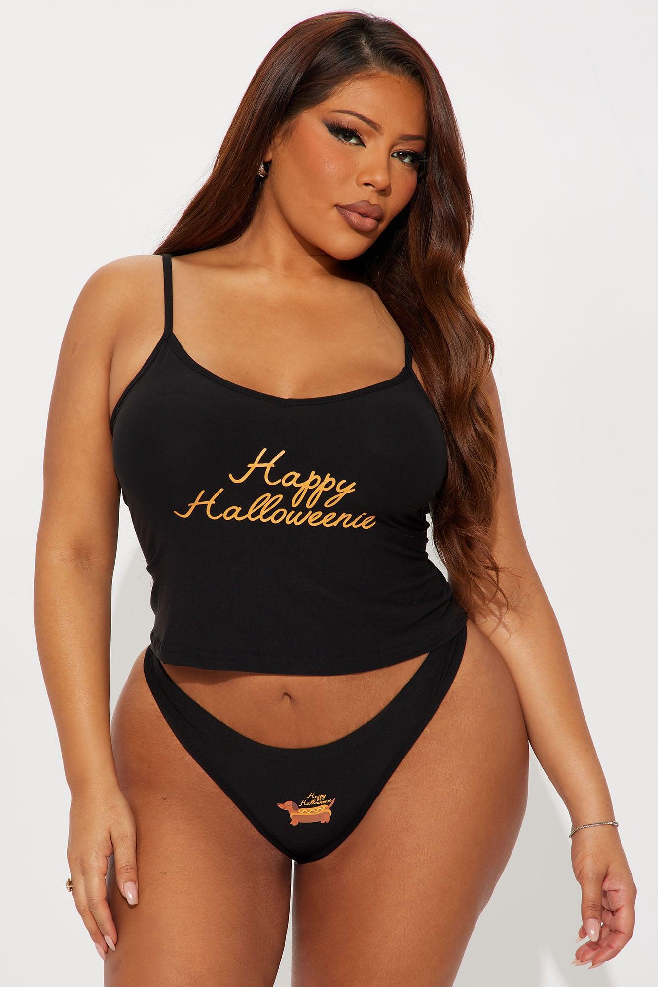 Happy Halloweenie 2 Piece Cami And Thong Set - Black Female Product Image