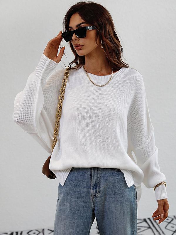 Casual Long Sleeves Loose Split-Side Solid Color Round-Neck Sweater Tops Product Image