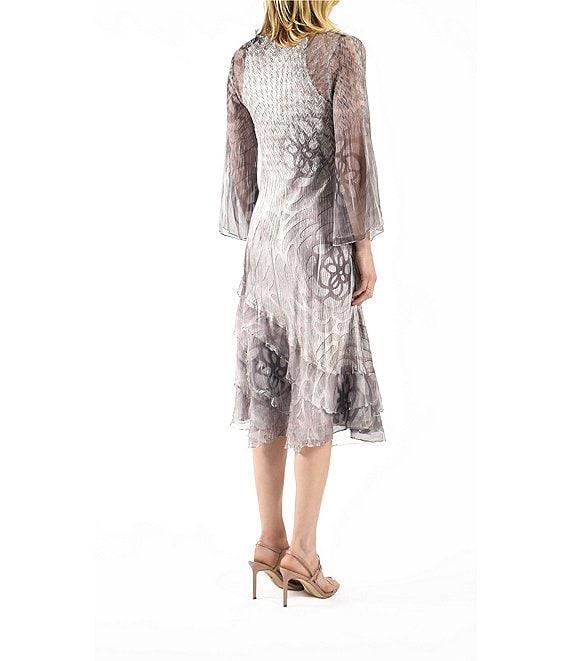 Komarov Printed Charmeuse Square Neck 3/4 Bell Sleeve Tiered Dress Product Image