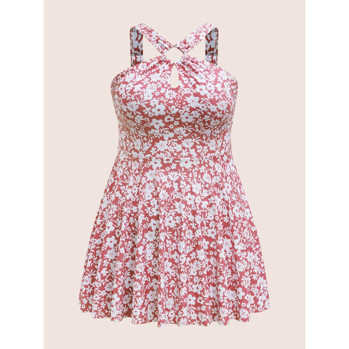 Plus Size Ditsy Floral Keyhole Split Hem Ruched Swim Dress Women's Swimwear Salmon Beach Bodycon Asymmetrical Neck High stretch Curve Swim Dresses BloomChic 18-20/2X Product Image