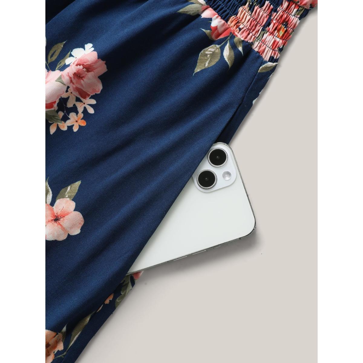 Plus Size Sweet Floral Print Shirred Waist Midi Dress DarkBlue Women Heart neckline Short sleeve Curvy BloomChic 18-20/2X Product Image