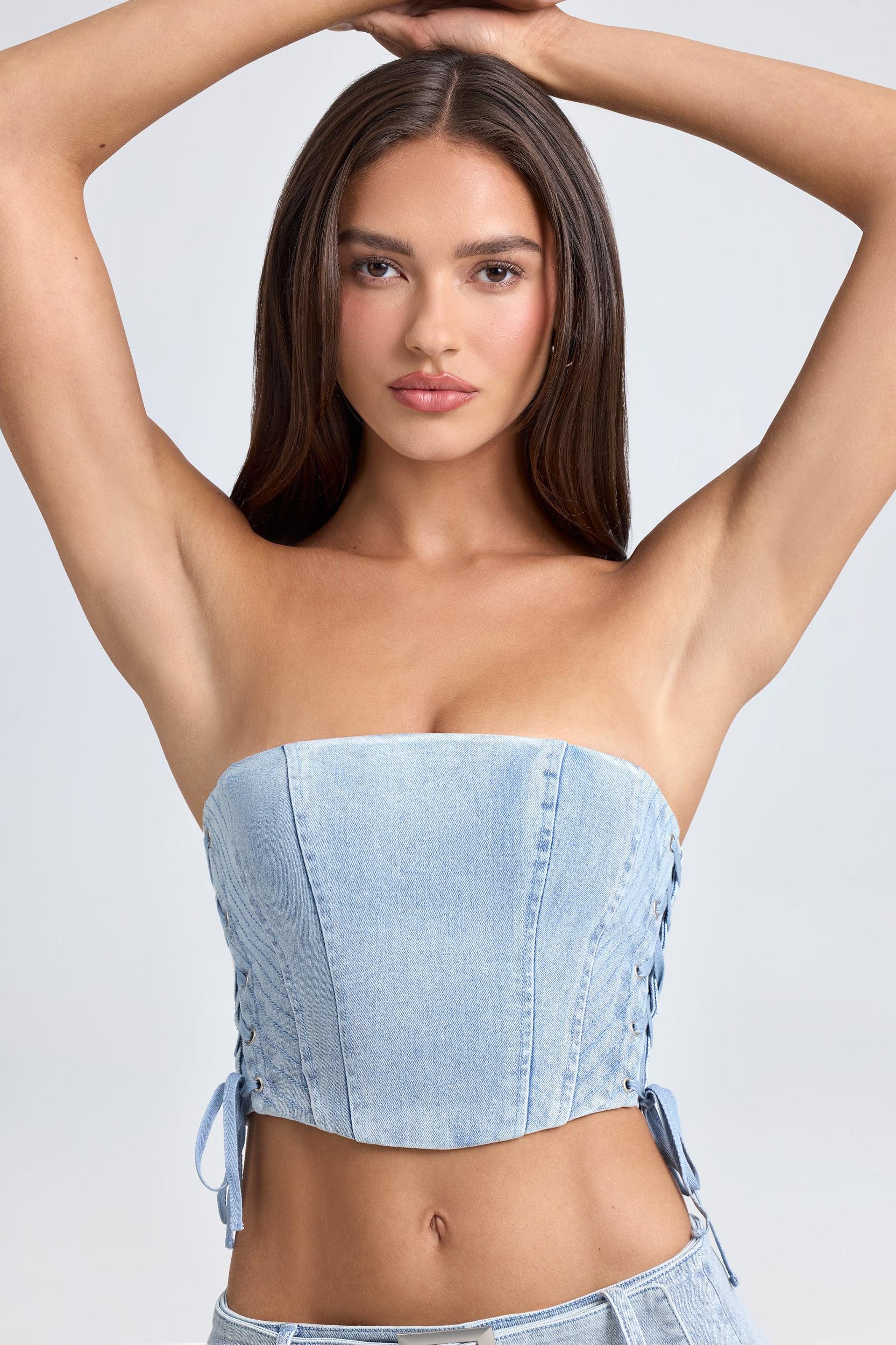 Bandeau Lace-Up Corset Crop Top in Light Blue Stonewash Product Image