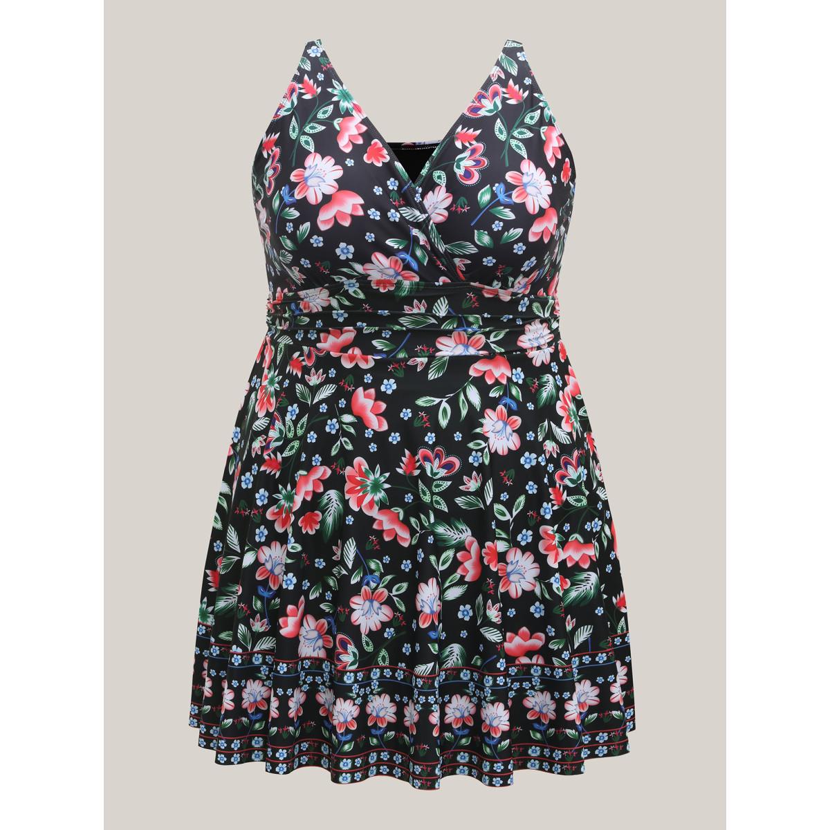 Plus Size Floral Print Surplice Neck Swim Dress Women's Swimwear Black Resort Bodycon Overlap Collar High stretch Curve Swim Dresses BloomChic 14-16/1X Product Image
