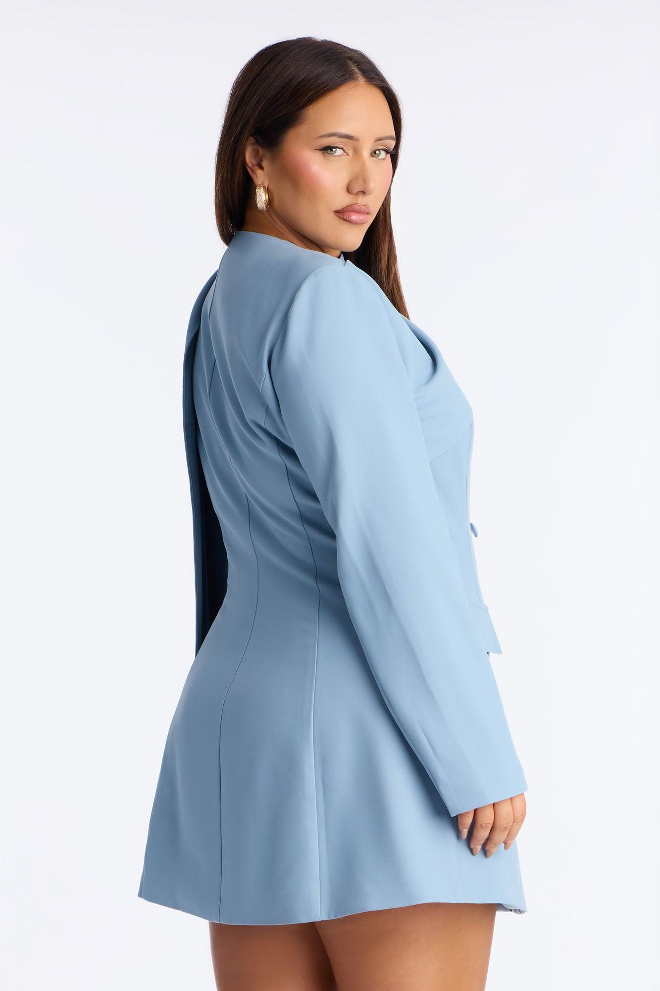Run The World Long Sleeve Blazer Mini Dress - Dusty Blue Female Product Image