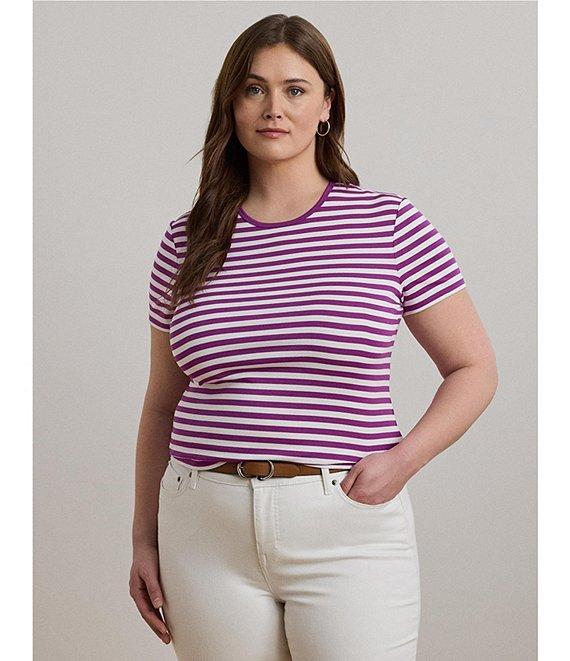 Lauren Ralph Lauren Plus Size Striped Stretch Ribbed Crew Neck Short Sleeve T-Shirt Product Image