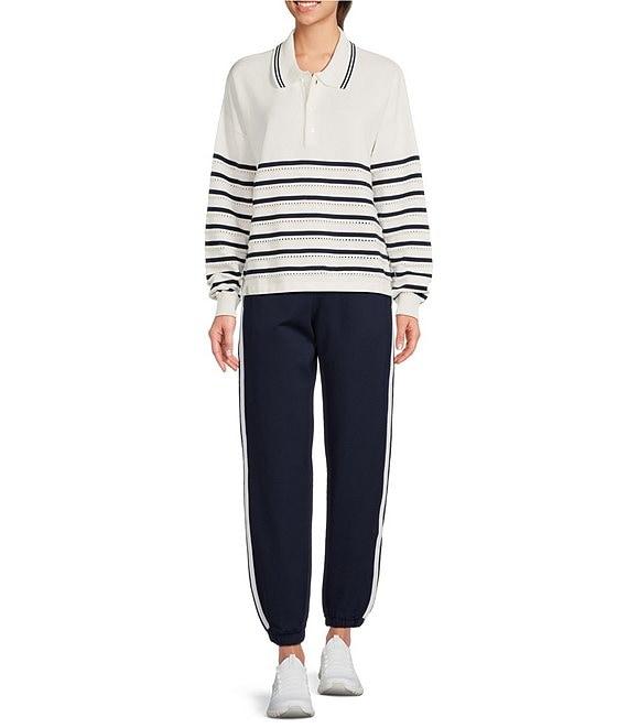 The Upside Wonder Knit Stripe Eyelet Dot Point Collar Long Sleeve Button Front Polo Product Image