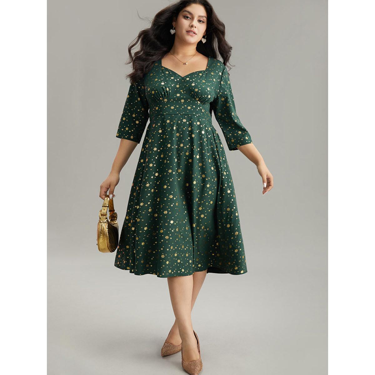 Plus Size Star Glitter Square Neck Gathered Dress DarkGreen Women Party Printed Square Neck Elbow-length sleeve Curvy Midi Dress BloomChic 18-20/2X Product Image