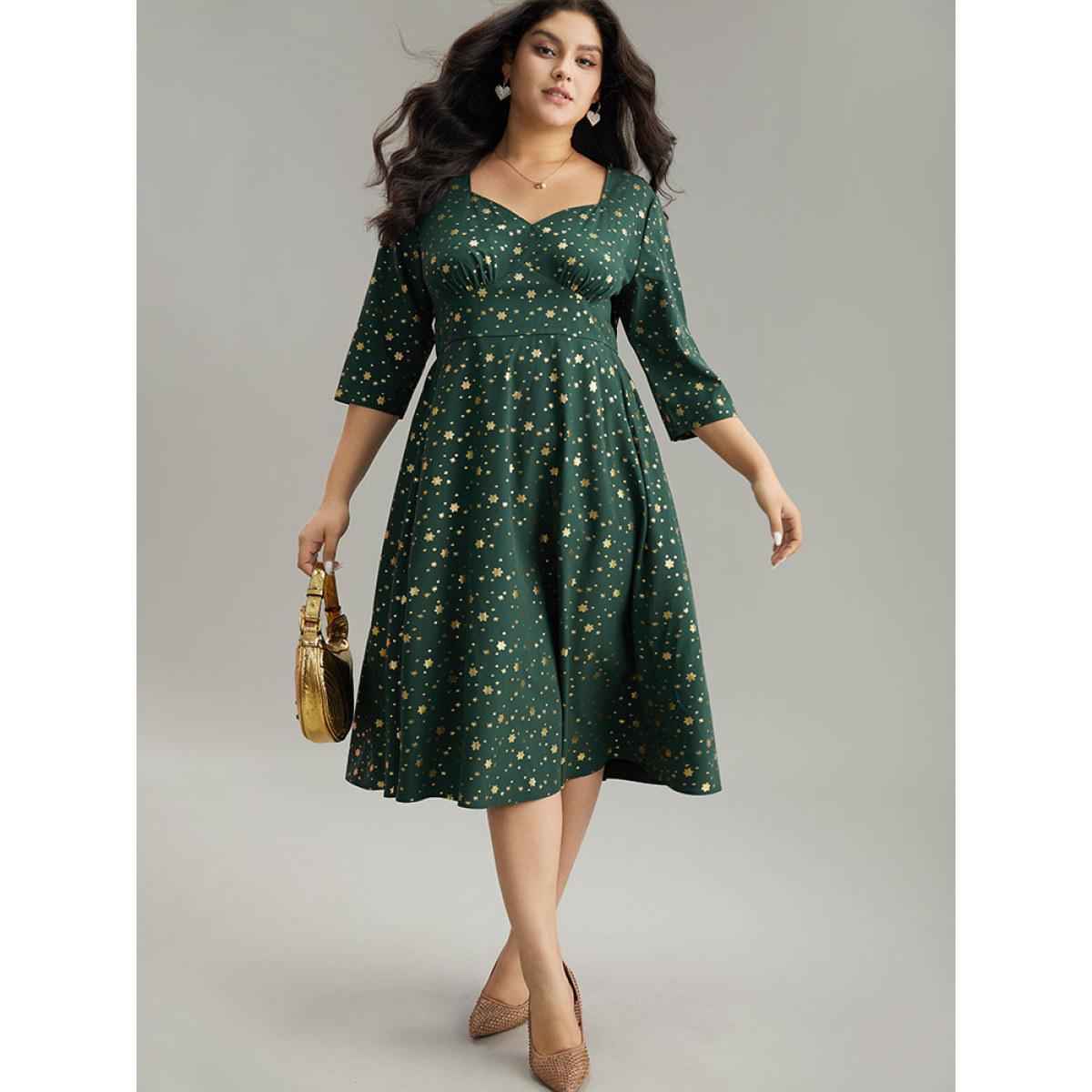 Plus Size Star Glitter Square Neck Gathered Dress DarkGreen Women Party Printed Square Neck Elbow-length sleeve Curvy Midi Dress BloomChic 18-20/2X Product Image
