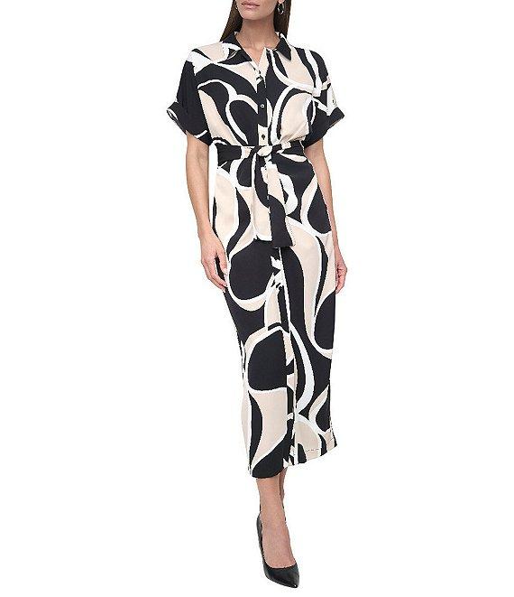 DKNY by Donna Karan Woven Geometrical Print Point Collar Neck Short Sleeve Button Front Waist Tie Shirt Midi Dress Product Image