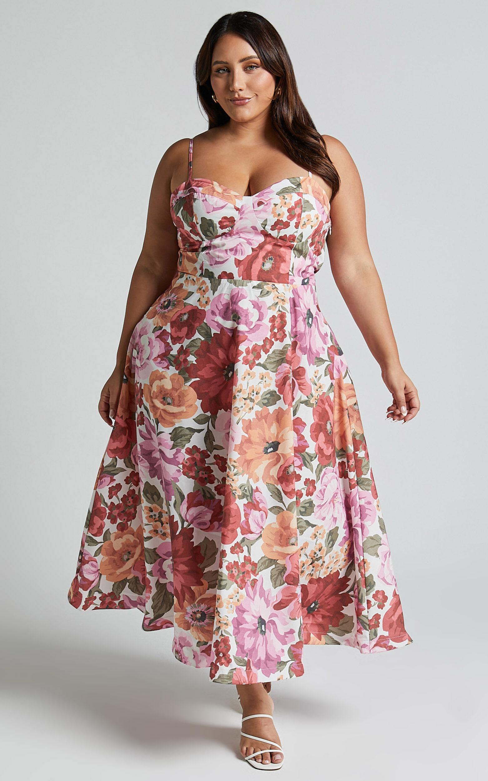 Robertson Midi Dress - Strappy Sweetheart Bustier Flare Dress in Spring Floral Product Image