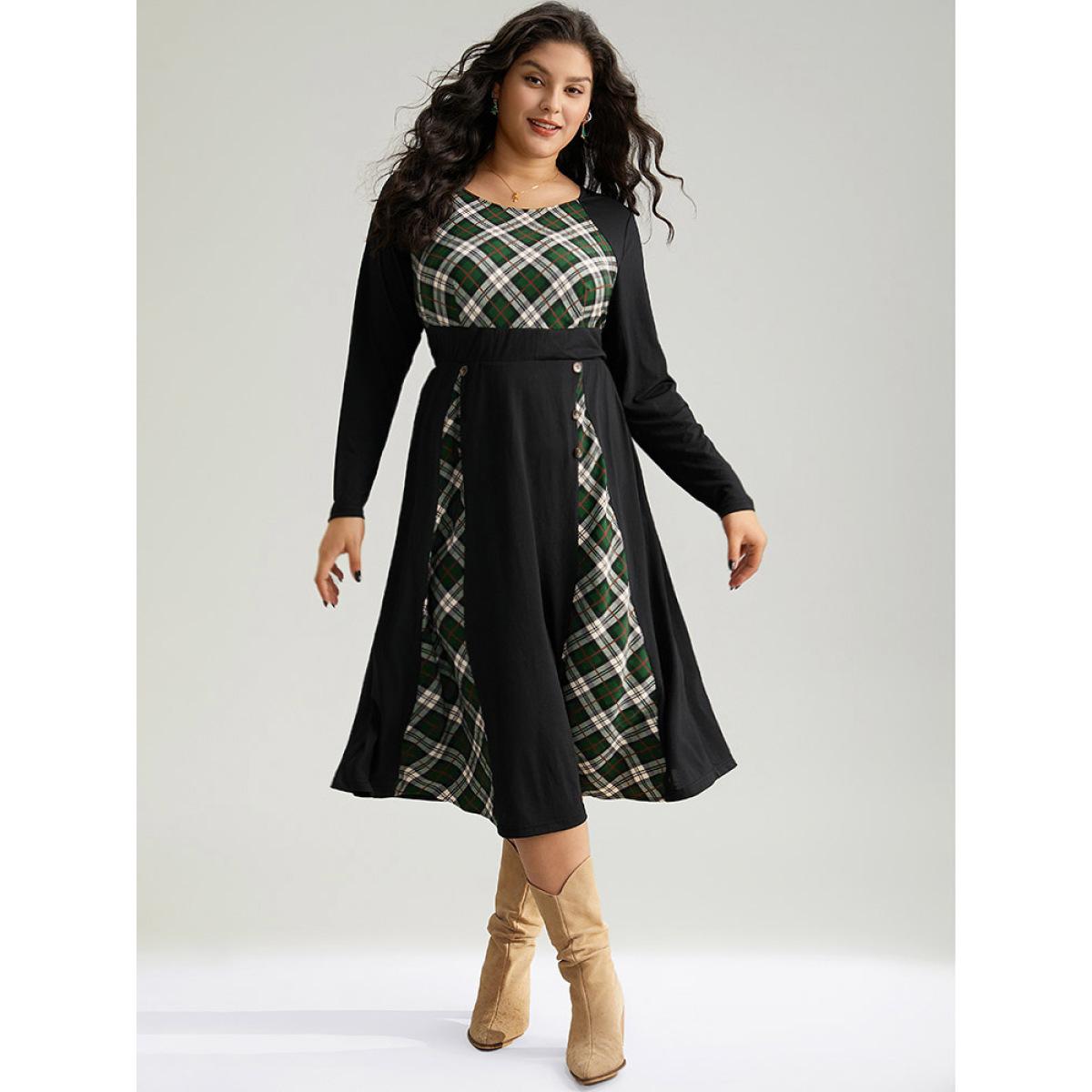 Plus Size Christmas Plaid Patchwork Button Detail Dress Black Women Elegant Printed Round Neck Long Sleeve Curvy Midi Dress BloomChic 18-20/2X Product Image