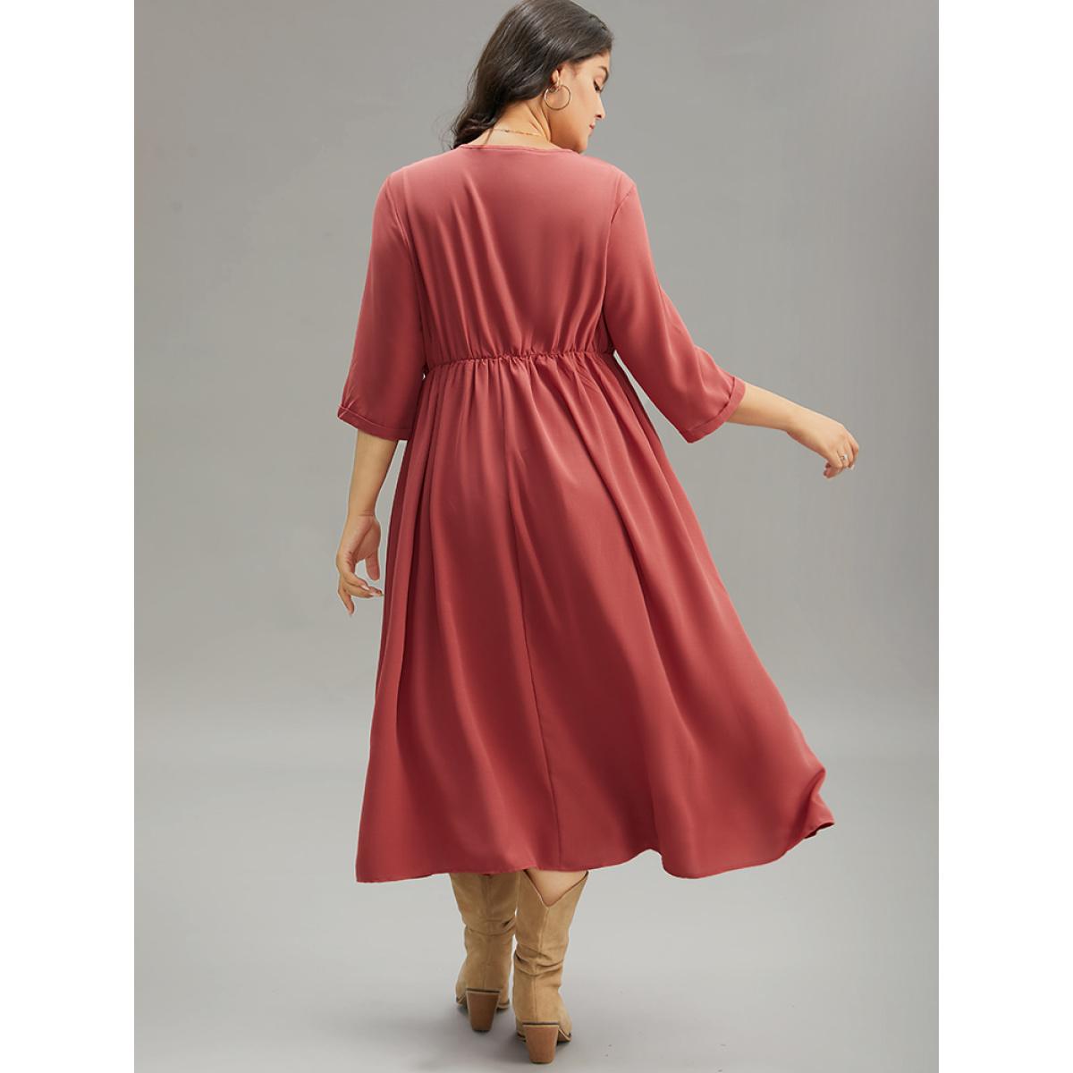 Plus Size Plain Pleated Gathered Wrap Pocket Dress OrangeRed Women Casual Gathered V-neck Elbow-length sleeve Curvy Midi Dress BloomChic 14-16/1X Product Image