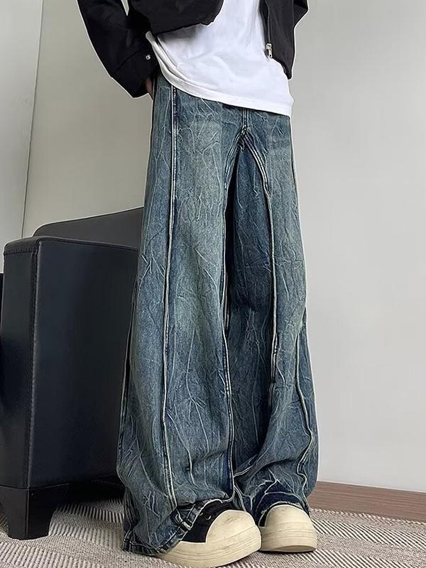 Washed Patchwork Design Loose Jeans Product Image