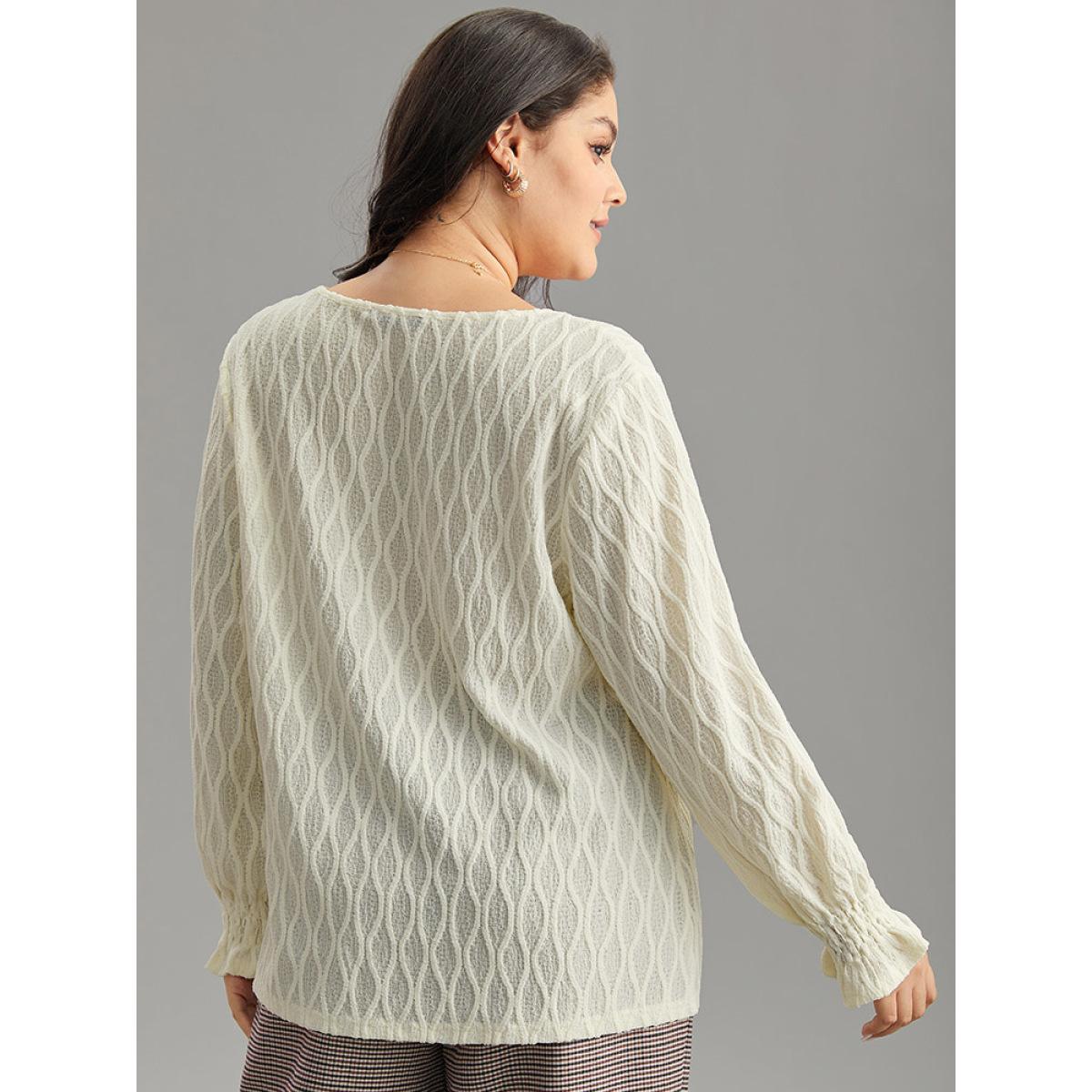 Plus Size Beige V Neck Solid Textured Shirred Blouse Women Office Long Sleeve V-neck Office Blouses BloomChic 30/6X Product Image