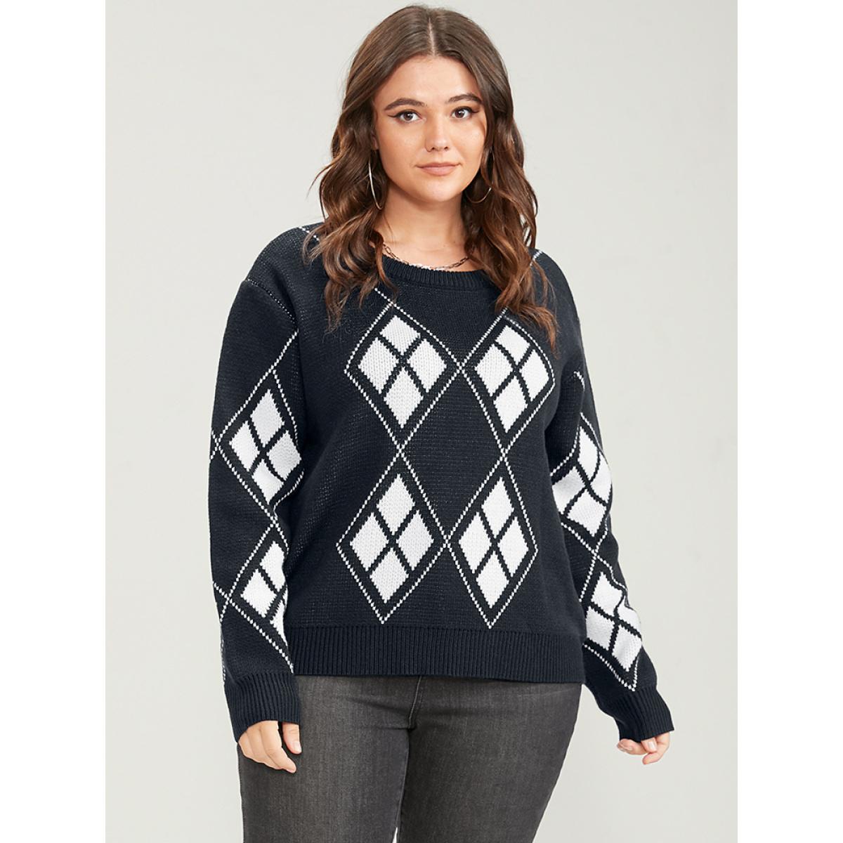 Plus Size Geometric Contrast Pointelle Knit Round Neck Knit Top Black Women Casual Long Sleeve Round Neck Dailywear Pullovers BloomChic 12/L Product Image