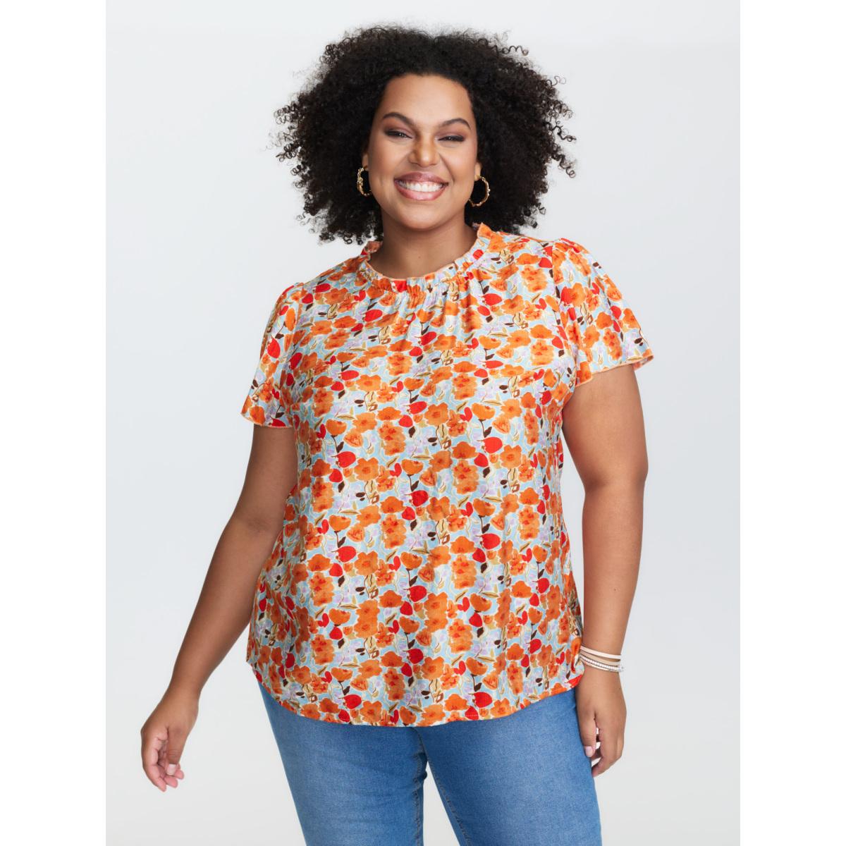 Plus Size Brightorange In Full Bloom Mock Neck Shirt Women Resort Cap Sleeve Stand-up collar Vacation Blouses BloomChic 10/M Product Image