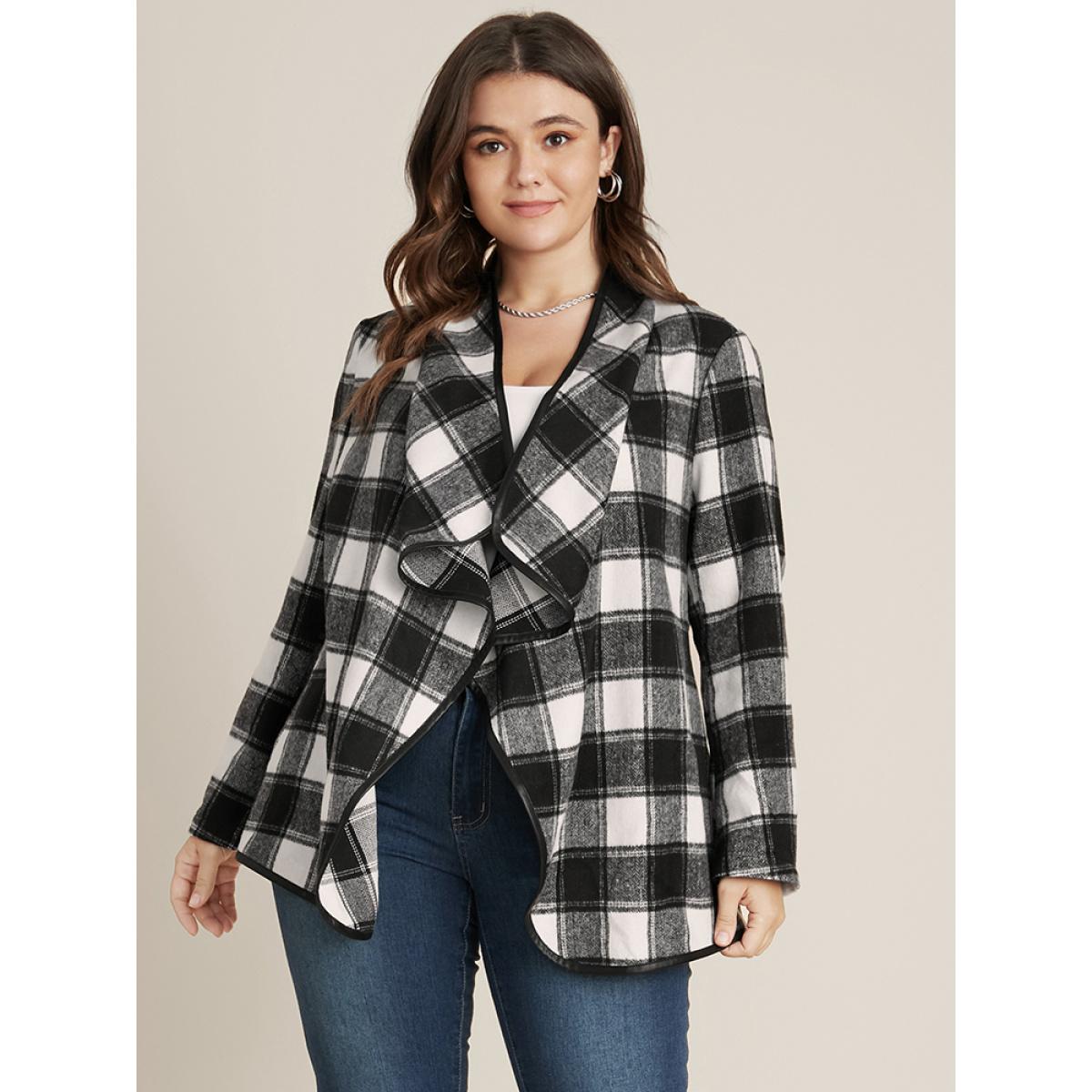 Plus Size Plaid Waterfall Collar Open Front Coat Women Black Elegant Asymmetrical Loose Ladies Dailywear Winter Coats BloomChic 14-16/1X Product Image
