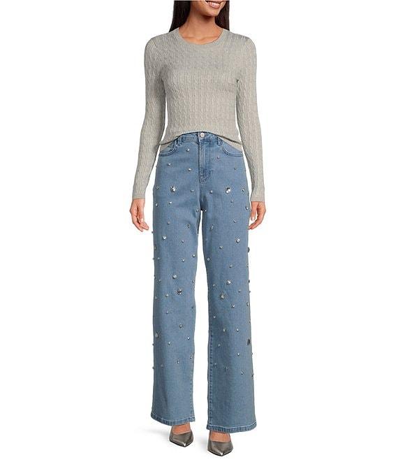Gianni Bini Cable Crew Neck Long Sleeve Sweater Top Product Image