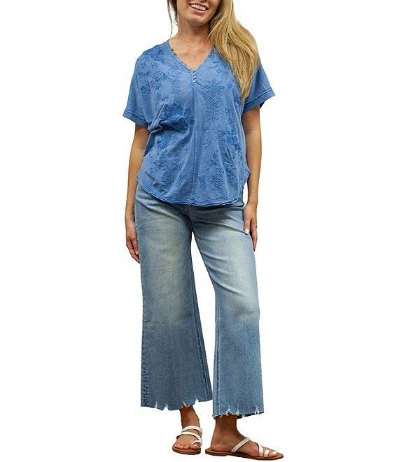 Karyn Seo Alegra Floral Embroidered Button V-Neck Dolman Short Sleeve Tee Product Image