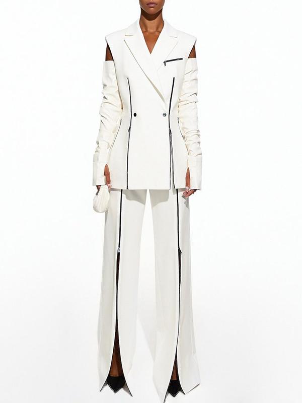 High Waisted Loose Contrast Color Solid Color Zipper Pants Trousers Product Image