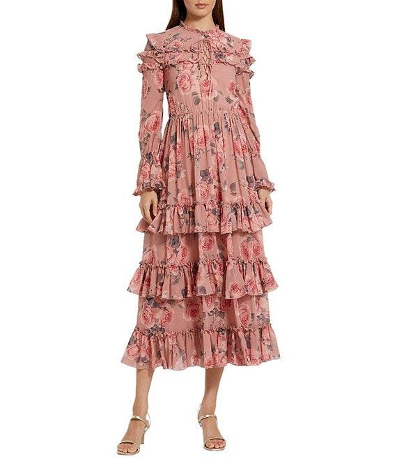 Mac Duggal Mock Neck Lace Up Front Long Sleeve Tiered Ruffle Floral Print Chiffon Midi Dress Product Image