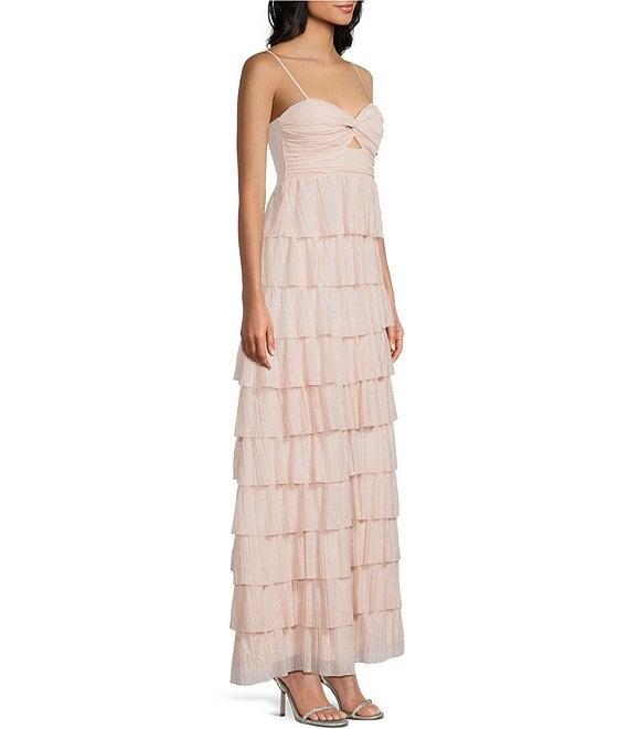 Honey and Rosie Glitter Sheer Matte Jersey Twist Front Keyhole Pleated Ruffle Tiered Gown Product Image