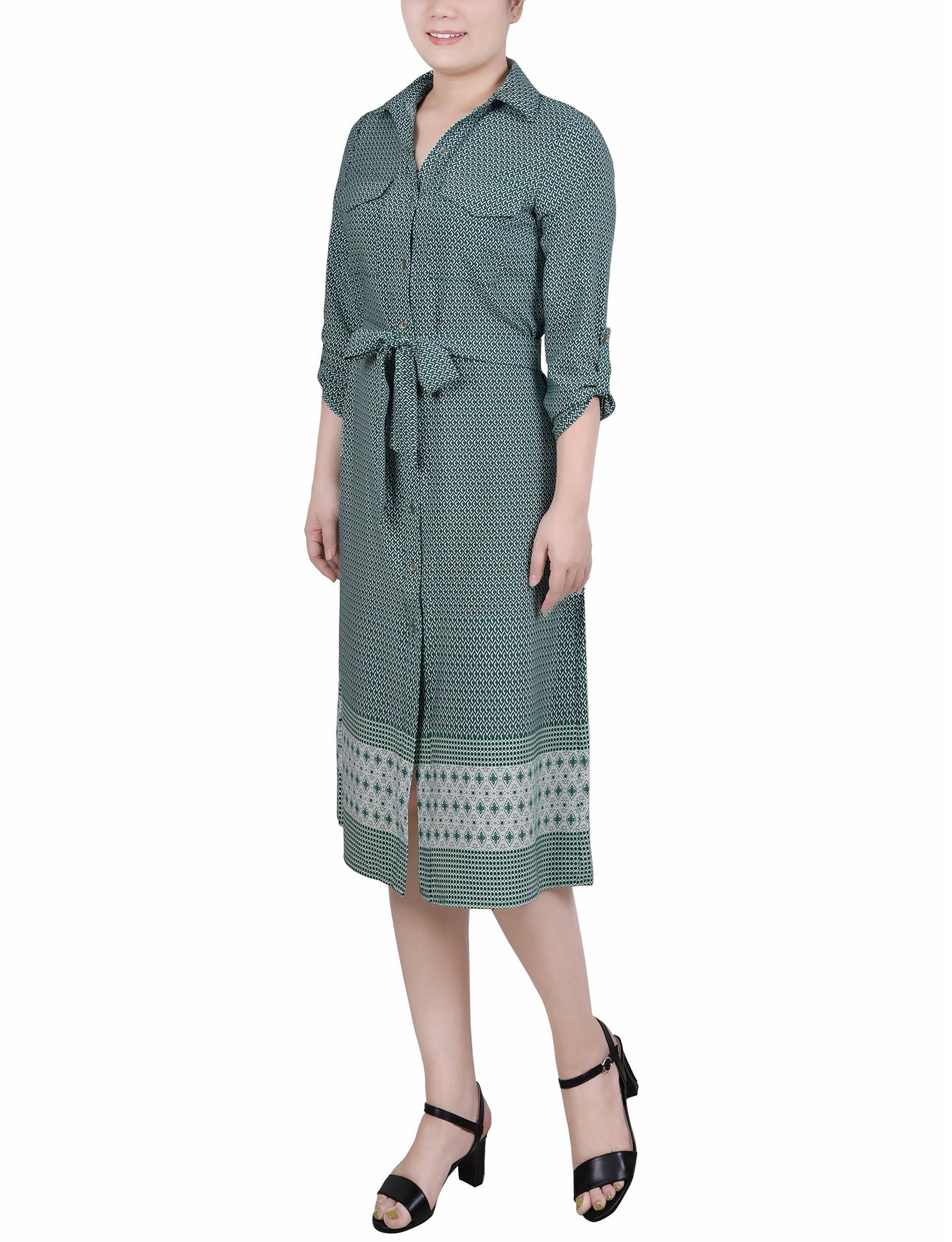 Cypress Inca Gold Navy Zigzag 3/4 Roll Tab Sleeve Belted Shirtdress - Petite Product Image