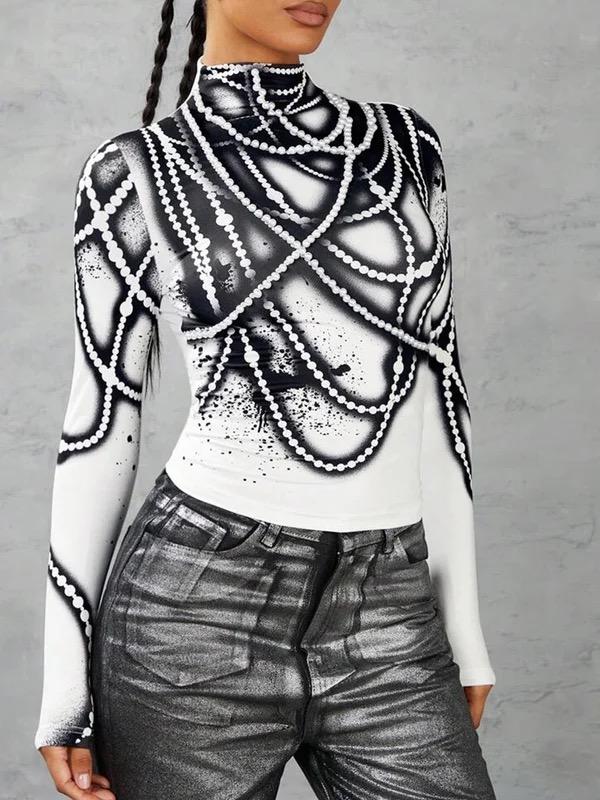 Long Sleeves Skinny Printed Striped High Neck T-Shirts Tops Product Image