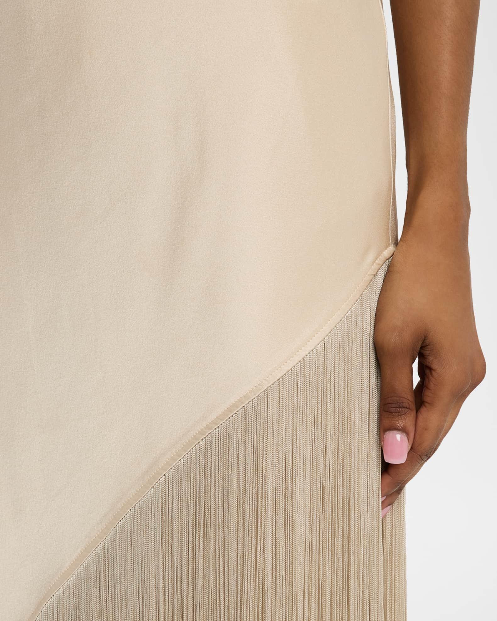 Satin Cowl-Neck Fringe Midi Dress Product Image