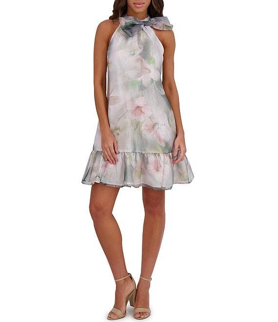 Kensie Organza Floral Print Halter Neck Sleeveless Bow Detail Shift Mini Dress Product Image