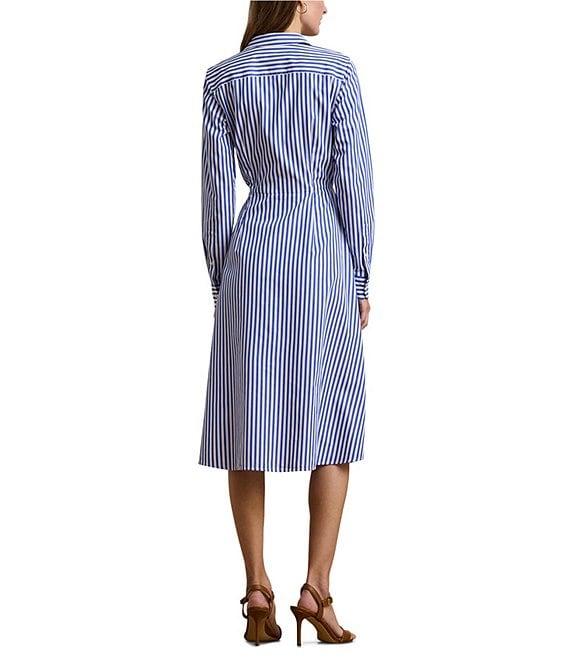 Lauren Ralph Lauren Broadcloth Stripe Print Point Collar Neck Long Sleeve Tie Front Shirt Midi Dress Product Image