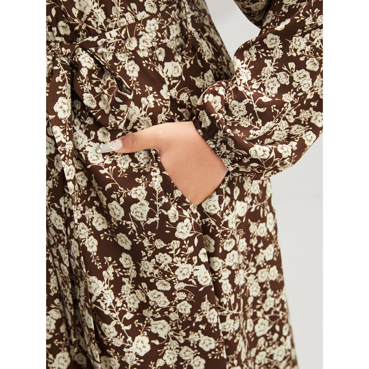 Plus Size Floral Pocket Lantern Sleeve Belted Split Hem Dress DarkBrown Women Elegant Belted Round Neck Long Sleeve Curvy Long Dress BloomChic 22-24/3X Product Image