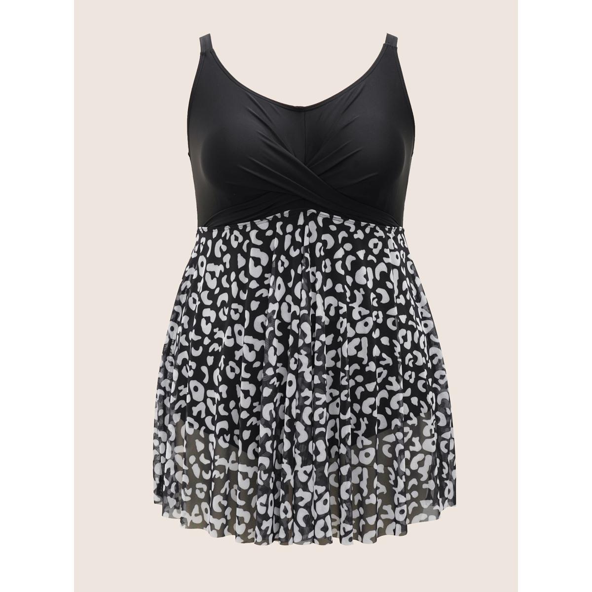 Plus Size Leopard Print Patchwork Heart Neckline Swim Dress Women's Swimwear Black Beach Bodycon U-neck High stretch Curve Swim Dresses BloomChic 30/6X Product Image