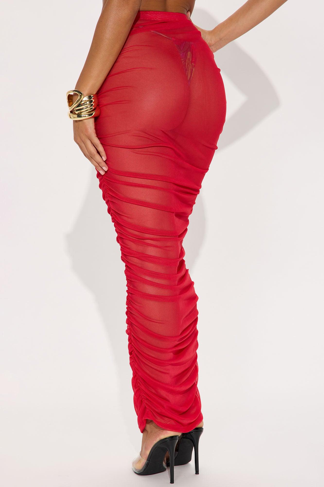 Summer Beach Party Ruched Mesh Cover Up Skirt - Red Product Image