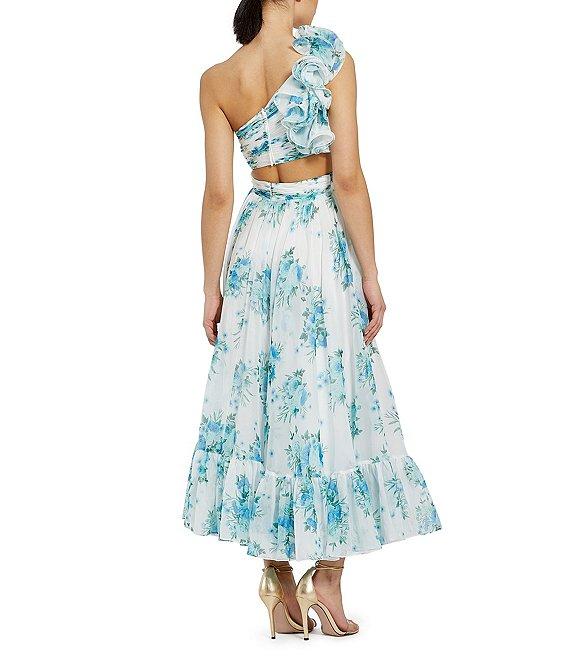 Mac Duggal One Shoulder Cut Out Floral Print Chiffon Midi Dress Product Image