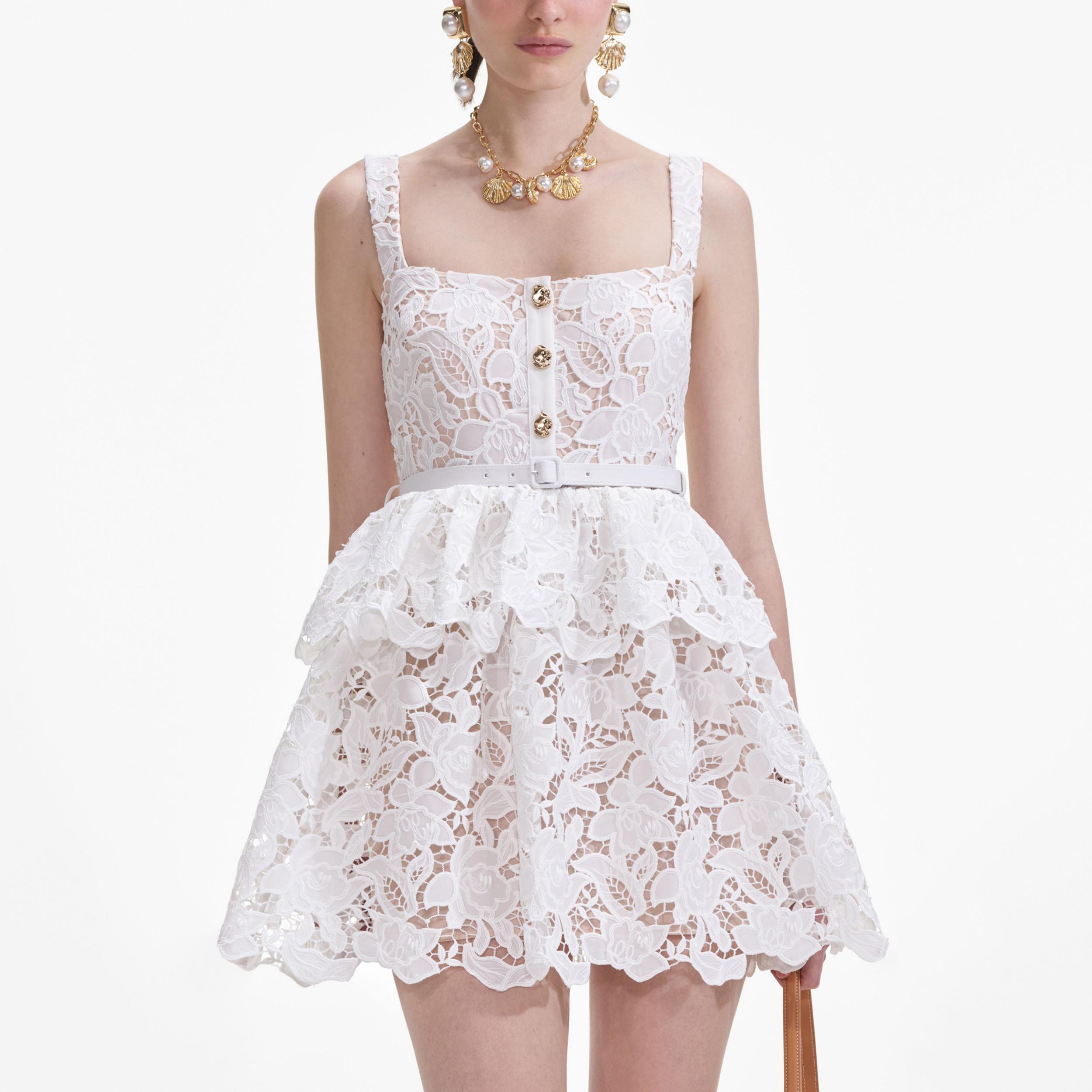 White Lace Tiered Mini Dress Product Image