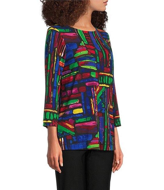 Ali Miles Knit Brushstroke Print Round Neck 3/4 Sleeve Top Product Image