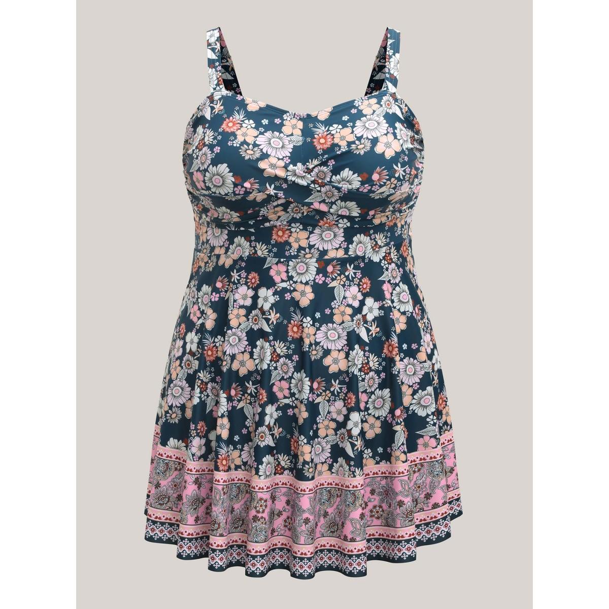 Plus Size Twist Front Floral Print Swim Dress Women's Swimwear Cyan Resort Bodycon Heart neckline High stretch Curve Swim Dresses BloomChic 28/5X Product Image