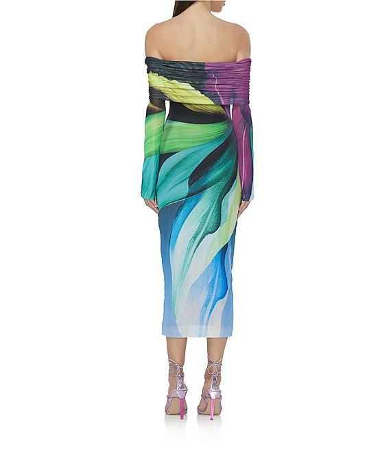 AFRM Cornelia Printed Off the Shoulder Long Sleeve Mesh Midi Dress Product Image
