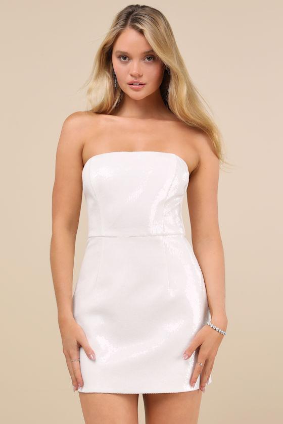 Pristine Dazzle Ivory Sequin Strapless Mini Dress Product Image