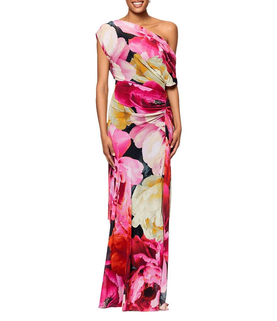 Betsy & Adam Chiffon Floral Print One Shoulder Neck One Short Sleeve Ruched Gown Product Image