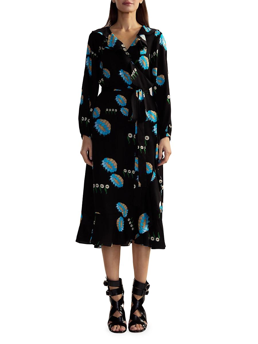 Womens Belted Floral Ruffle-Trim Wrap Midi-Dress Product Image