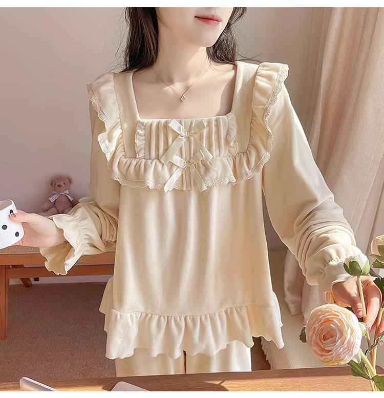 Pajama Set: Long Sleeve Square Neck Plain Ruffle Top + Straight Leg Pants Product Image