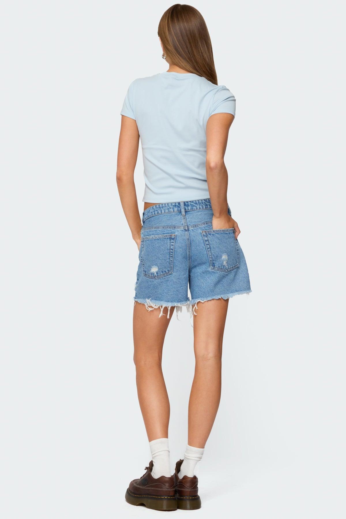 Cale Distressed Low Rise Denim Shorts Product Image