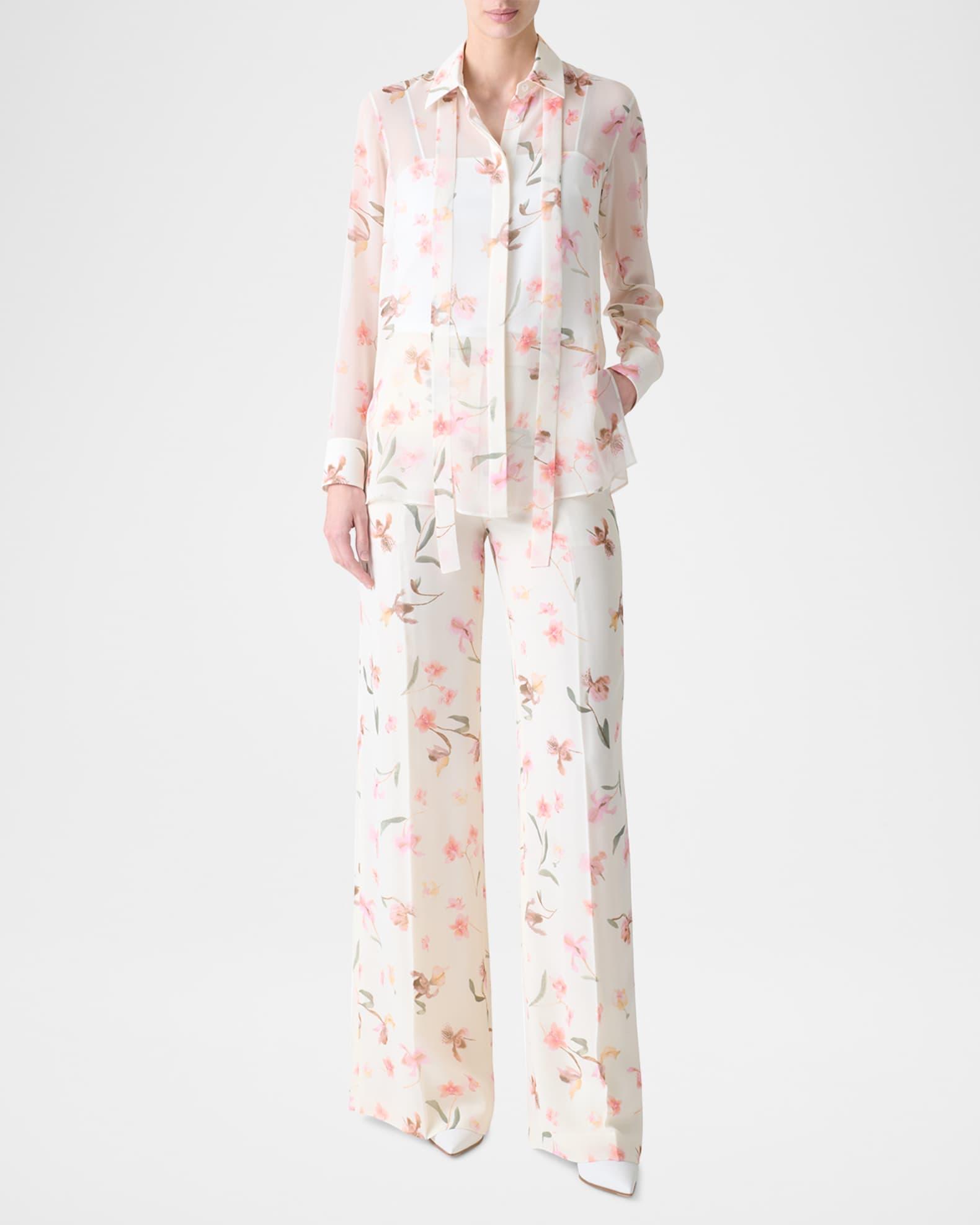 Floral Silk Neck-Tie Blouse Product Image