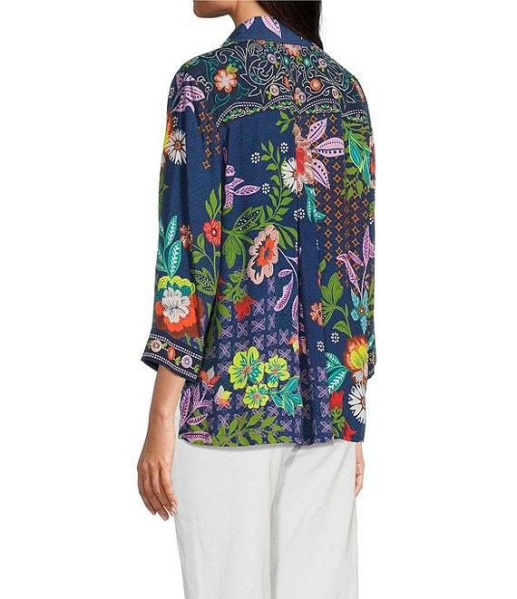 John Mark Floral Embroidered Woven Point Collar 3/4 Cuff Sleeve Popover Top Product Image