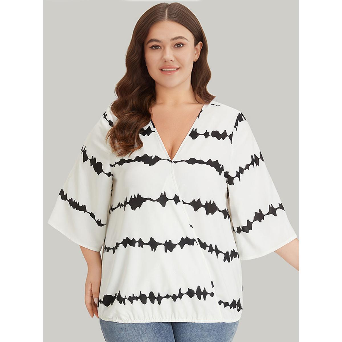 Plus Size White Striped Tie Dye V Neck Gathered Blouse Women Elegant Elbow-length sleeve V-neck Dailywear Blouses BloomChic 10/M Product Image
